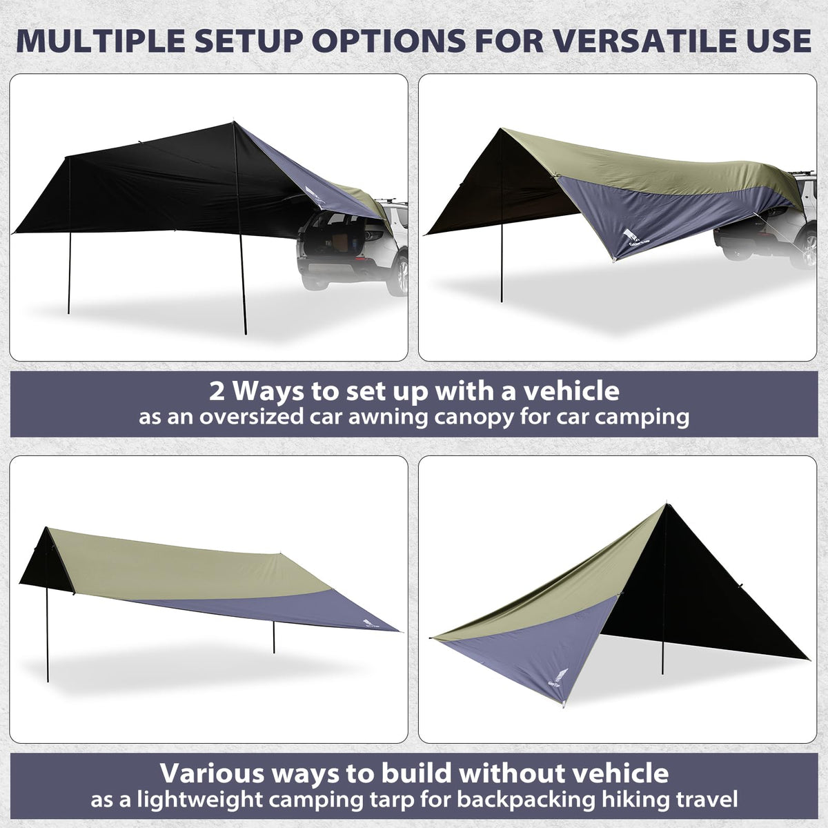 GEERTOP Large Car Awning Tarp Blackout Sun Shade Shelter for SUV Truck Tailgate Canopy Waterproof for Camping Beach Tailgating - Easy Setup with Poles