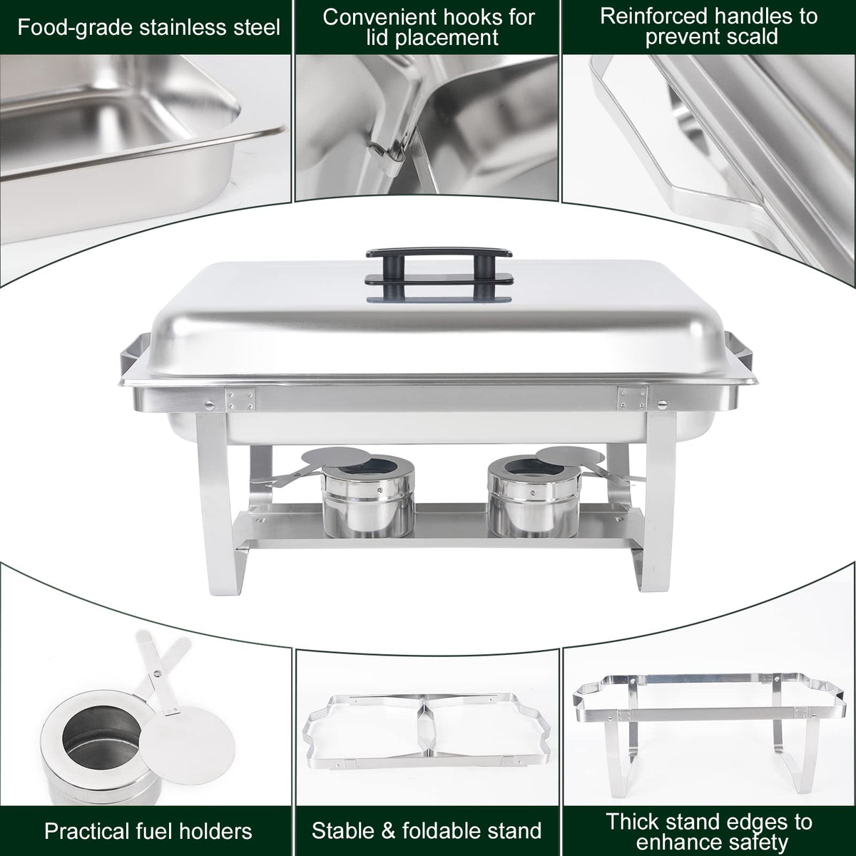 IMACONE Chafing Dish Buffet Set 4 Pack, 8 QT Rectangle & 5QT Round Stainless Steel Chafer for Catering, Chafers and Buffet Warmer Sets w/Food & Water Pan, Lid, Fuel Holder for Event Party Holiday