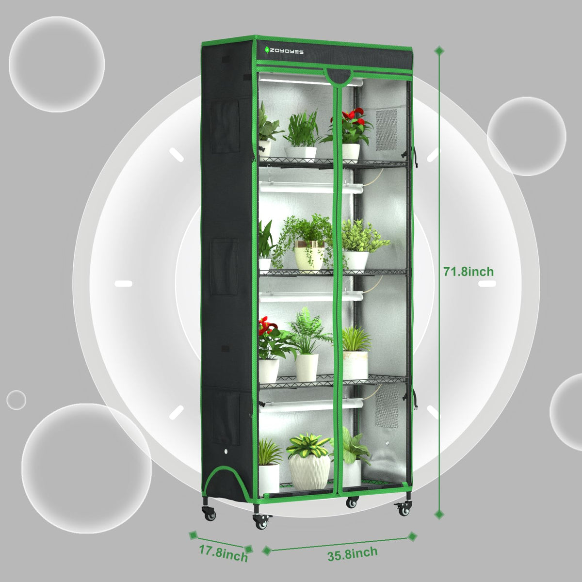 ZOYOYES Indoor Greenhouse with Grow Light, 35.8" W x 17.8" D x 71.8" H, 5-Tier Plant Shelf with 3-Color T8 Growth Lights, Plant Stand with Smart Timing Plug and thermohygrometer