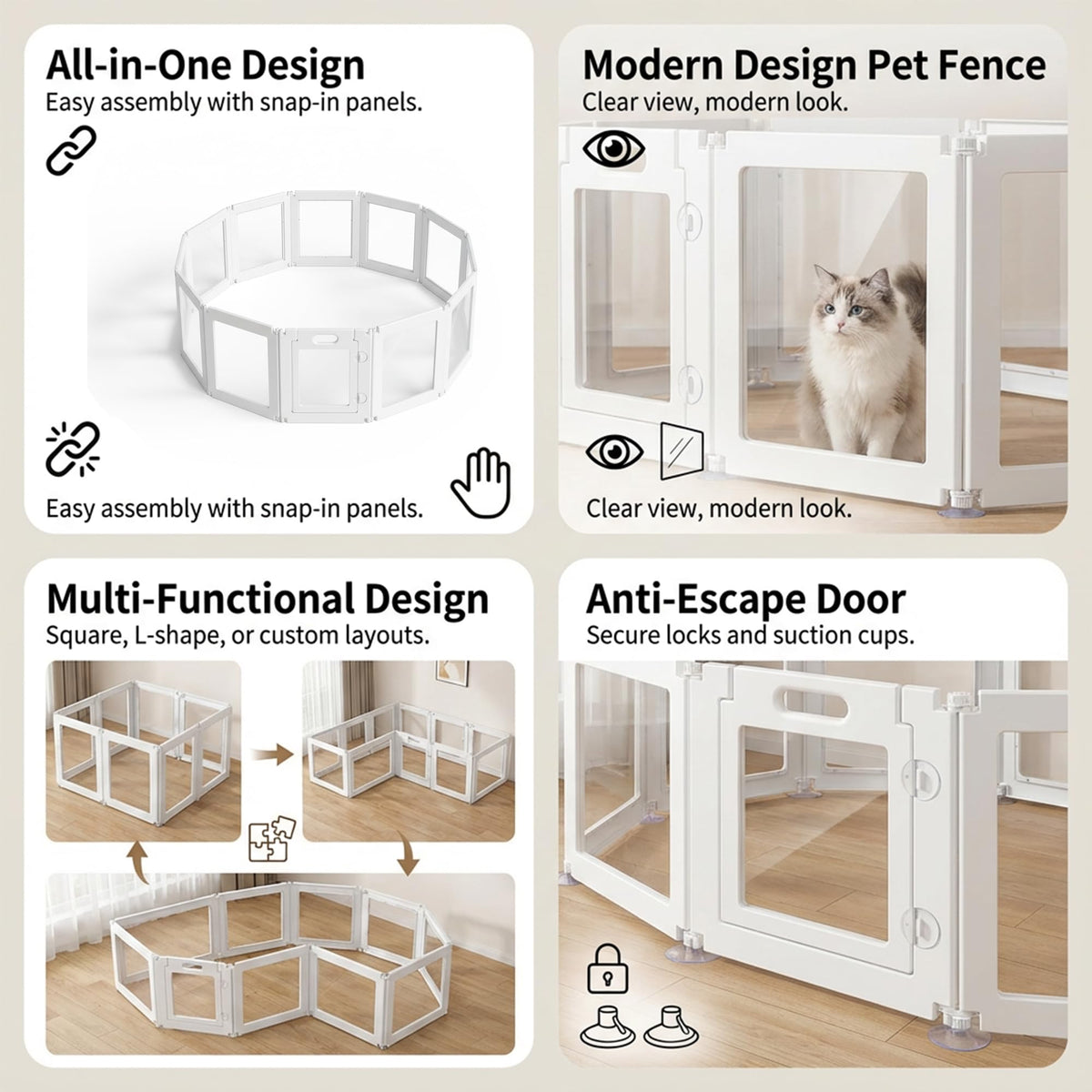 Jatindear 12Pcs Free Angle Plastic Dog Playpen, All-in-One Assemble Playpen Divider, Durable Safety Play Pen Indoors, Puppy, Cat, Small Animal (White, 78.74" × 39.37" × 23.6")