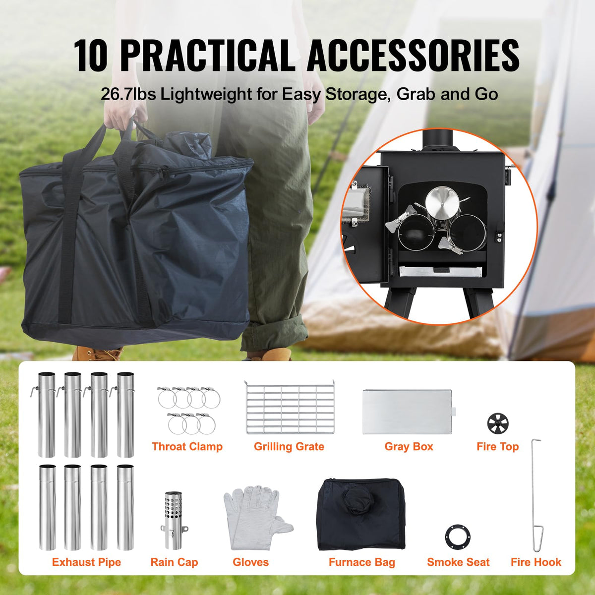VEVOR Camping Wood Stove Alloy Steel Camping Tent Stove, Portable Wood Burning Stove with Chimney Pipes & Gloves, 1400in³Firebox Hot Tent Stove for Outdoor Cooking and Heating with 8 Pipes