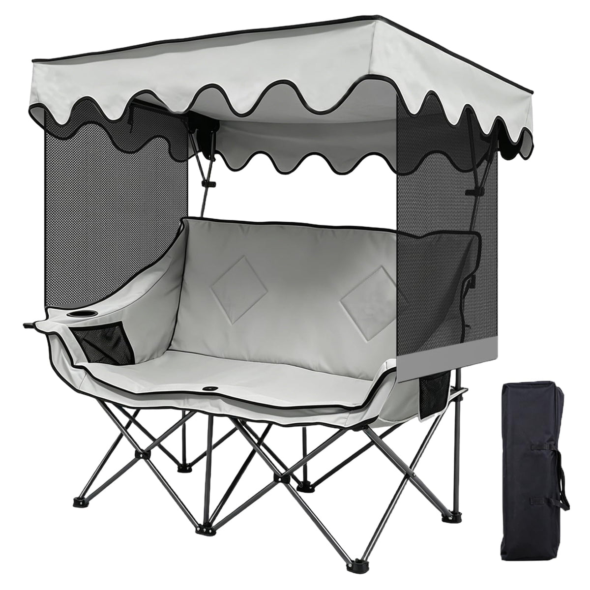 Double Camping Chair with Canopy Shade, Portable Beach Chair with 2 Cup Holders and Bags, Folding Heavy Duty Oversized Double Chairs with Side and Back Pockets, Outdoor Loveseat Chairs for Patio, Lawn