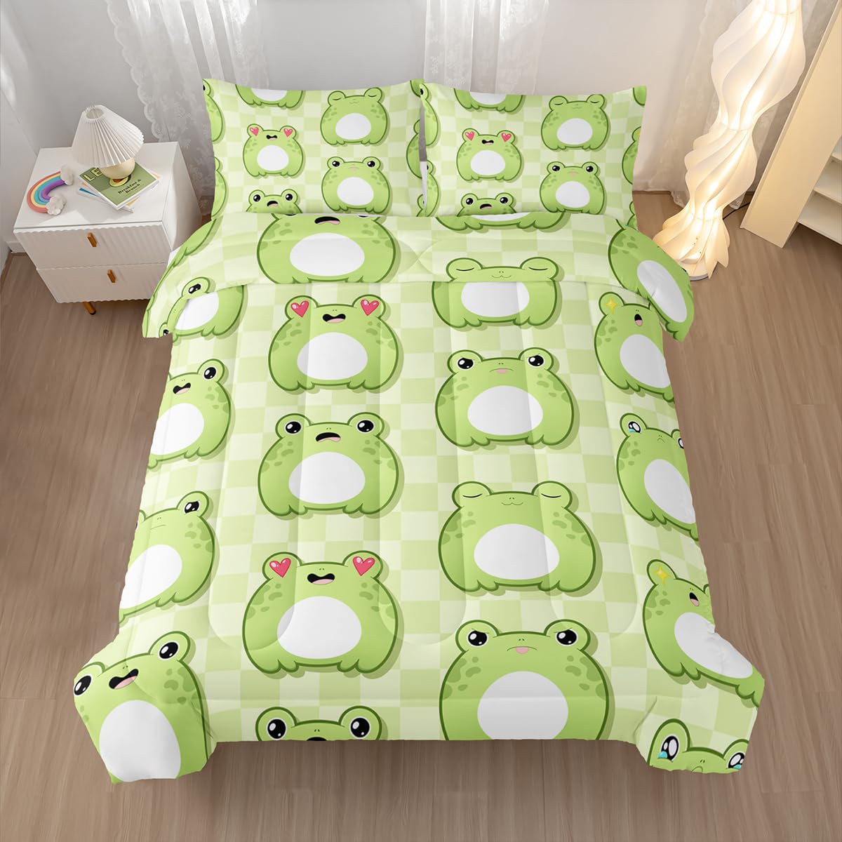 Nttopship Cartoon Frog Comforter Bedding Set with 2 Pillowcase Twin Size Cute Animals Comforter Set for Kids Boys Girls Bedroom Decor