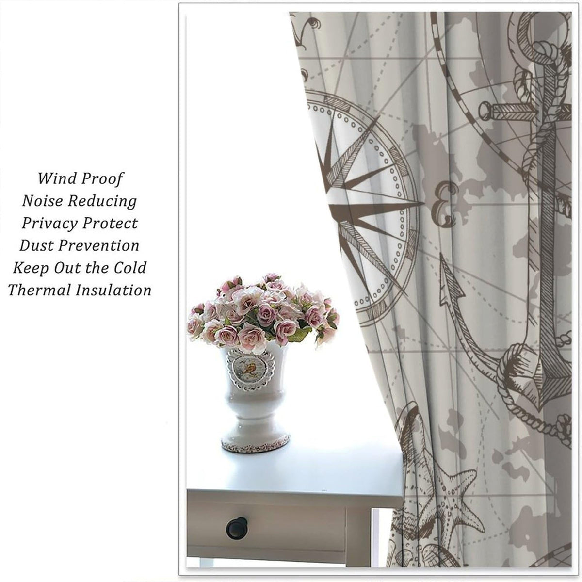 XBDDZSW Nautical Sailboat Map Curtains Sketch Pirate Ship Wheel Compass Starfish Coral Reef Nautical Map Pattern Print Window Drapes for Bedroom Living Room Kitchen Decor,2 Panel Set,42x45 Inch Decor