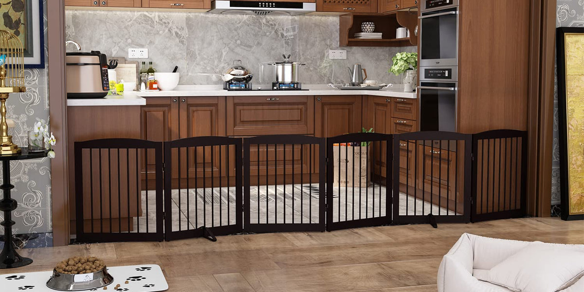 PUPETPO Freestanding Pet Gate for Dogs, Foldable Wooden Dog Gate for House, Extra Wide Indoor Pet Barrier for Stair, Doorway, Hall, Support Feet Included, 120 Inch Wide, 6 Panels 24", Brown