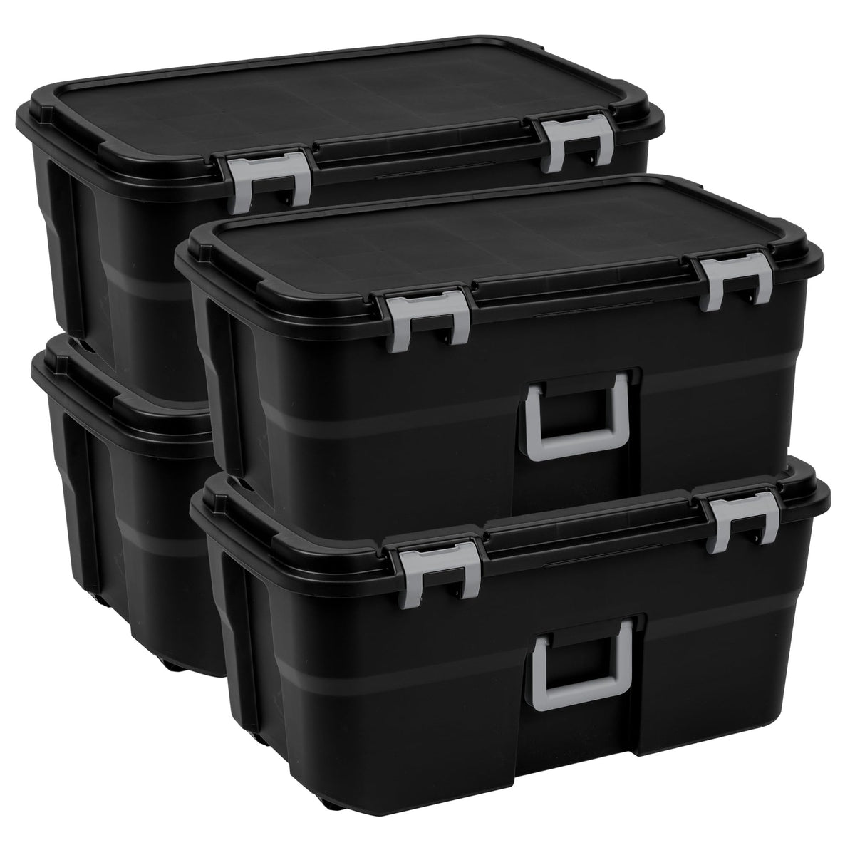 Sterilite 4 Pack Wheeled Footlocker, 22 Gallon Plastic Storage Container with Latching Lid and Handles, Black - Large Stackable Bin Home Organizer