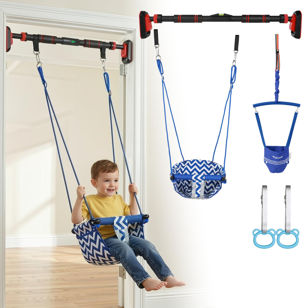 Slevoo Kids Doorway Jumper Swing with Pull-Up Bar Gym, 4-in-1 Indoor Playground Set, Fits 28"-37" Hallway Doorway Exercise & Play Equipment for Toddlers & Kids