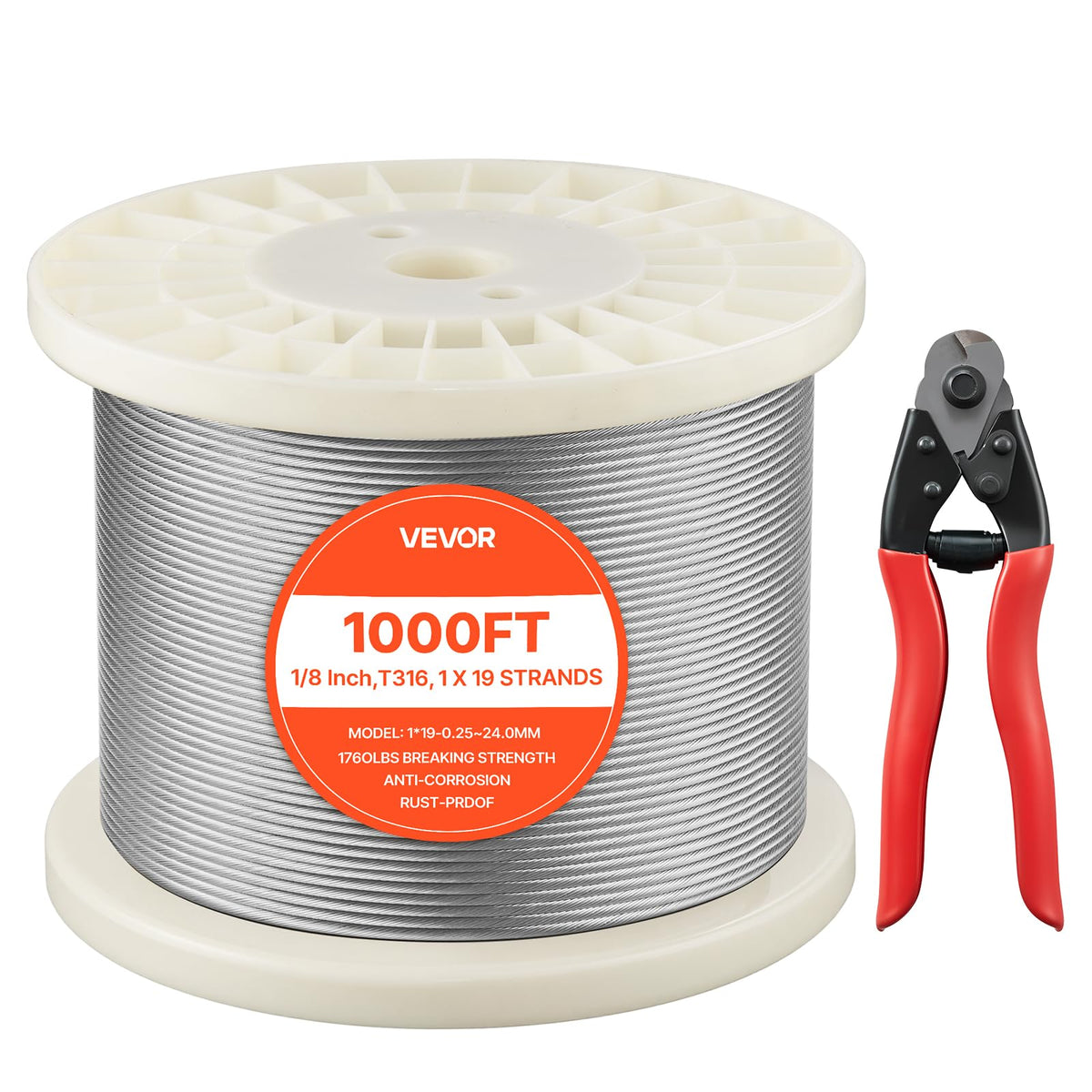 VEVOR 1/8 Inch Wire Rope, 1000 ft Length, 316 Stainless Steel Wire Cable with Cutter, 1760 lbs Breaking Strength, 1 x 19 Strands Construction, Steel Cable for Deck Railing System, Garden Trellis
