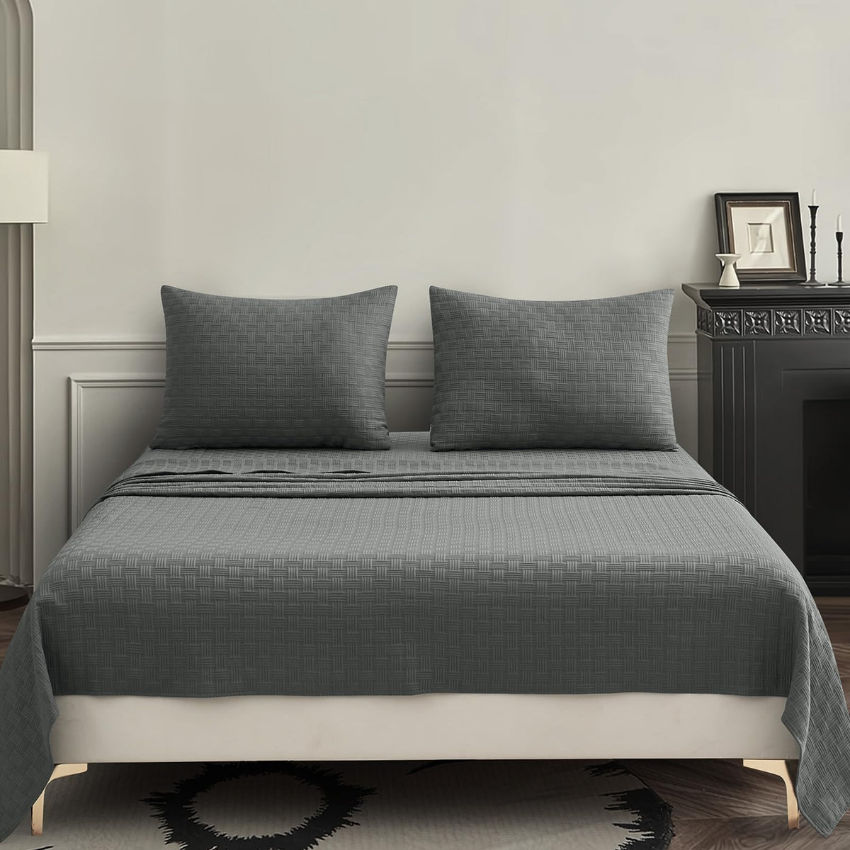 Seavelson Woven Grid Soft King Size Sheet Set - Comfortable & Breathable 4 Piece Bed Sheets with 1 Fitted Sheet,1 Flat Sheet & 2 Pillowcases - Deep Pocket Up to 18 Inches (Dark Grey)