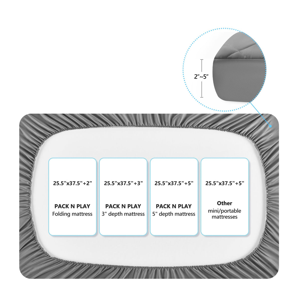 TILLYOU Pack and Play Sheet - Soft Quilted Crib Cover Pad, Toddlers Mattress Protector with 1''-3'' Deep Pocket, Thick Play Yard Playpen Sheets, Breathable Fluffy Crib Mattress Pad, 39"x27", Grey