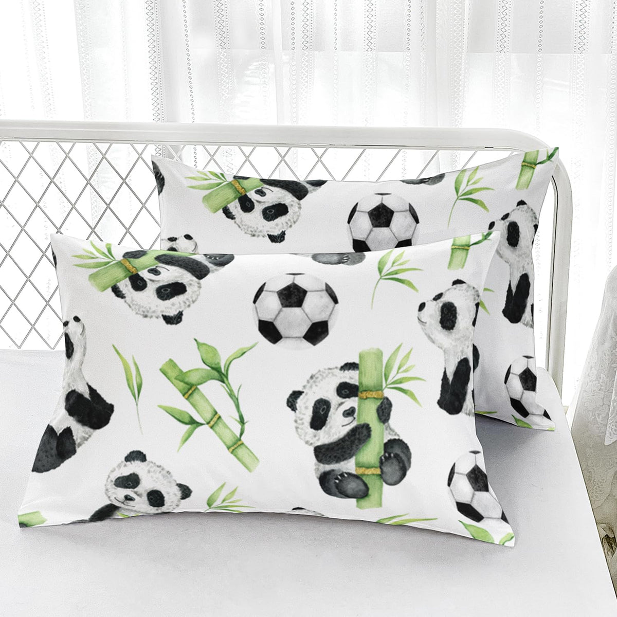 AILONEN Kawaii Fitted Sheet Set, Kids Lovely Panda Bedding Set Twin Size for Boys Girls, Black and White Soccer Print Bamboo Bed Sheet Set 3-Piece, 1 Fitted Sheet + 2 Pillowcases