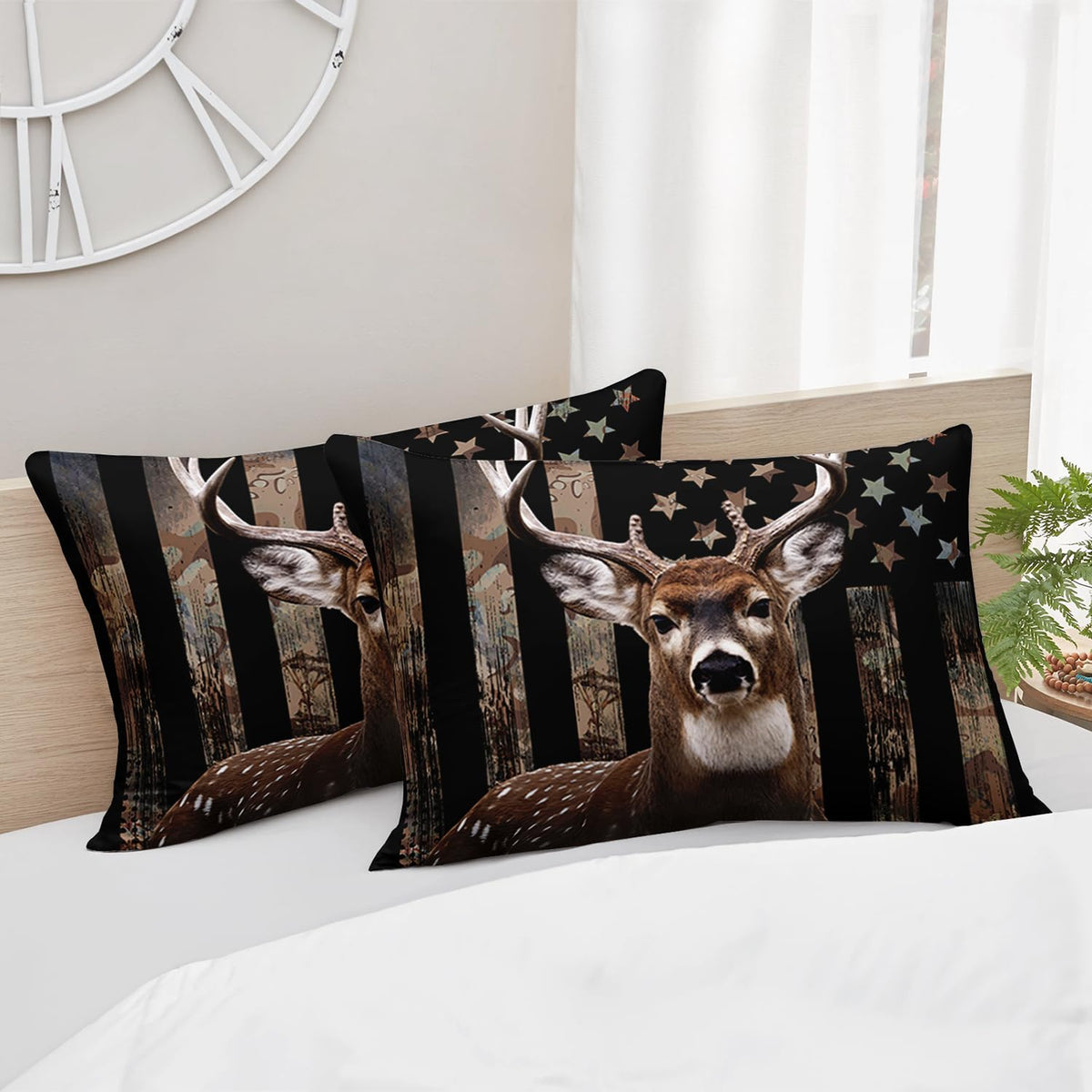 HOSIMA Deer Hunting Camo Bedding,Hunter Bedding Set American Flag Fitted Sheet Set Full Size for Adult Teen Boy Bedroom Decor,1 Fitted Sheet+2 Pillowcases.