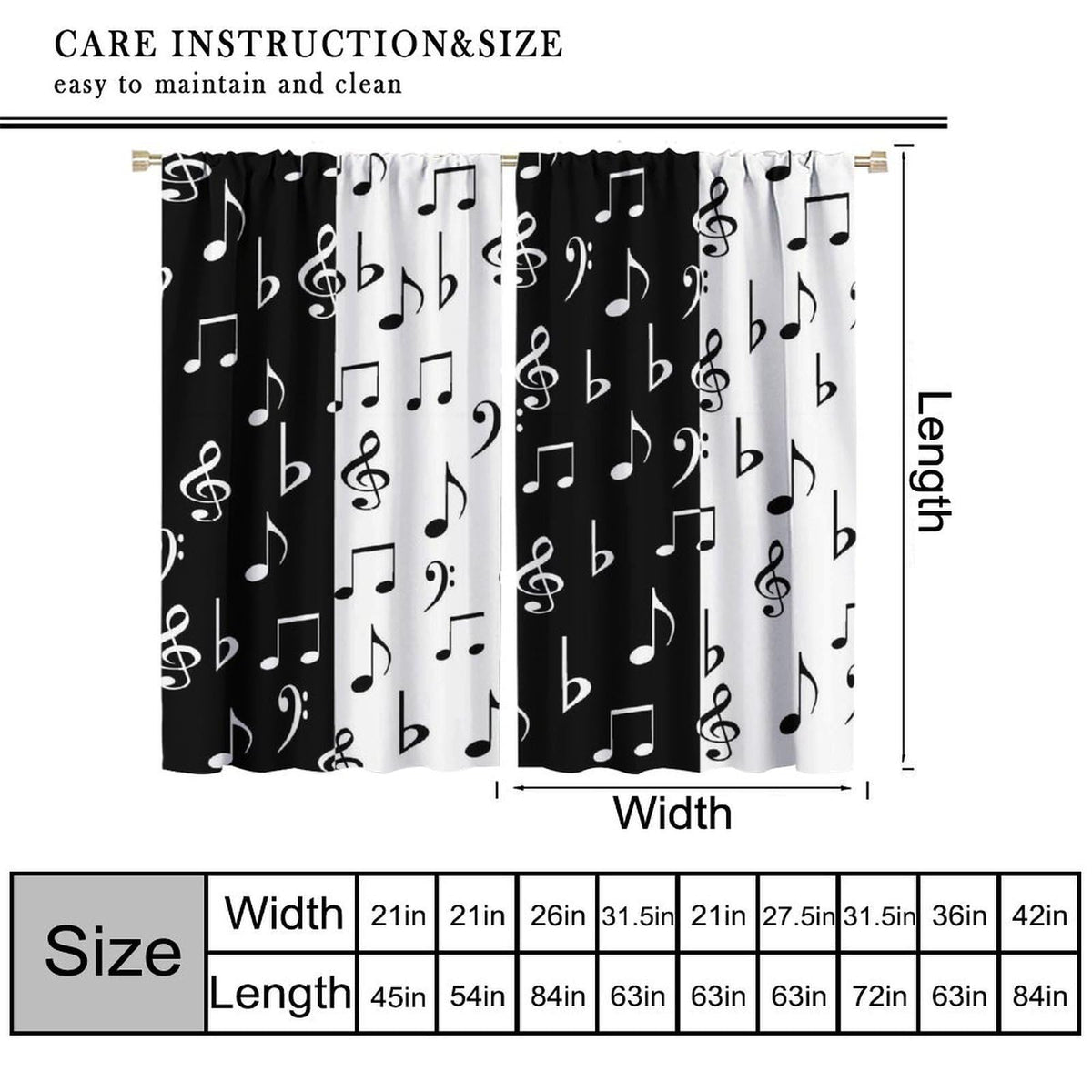 HZOHNAGO Music Curtain Black and White Music Notes Pattern Blackout Print Rod Pocket Window Drapes for Bedroom Living Room 42x45in