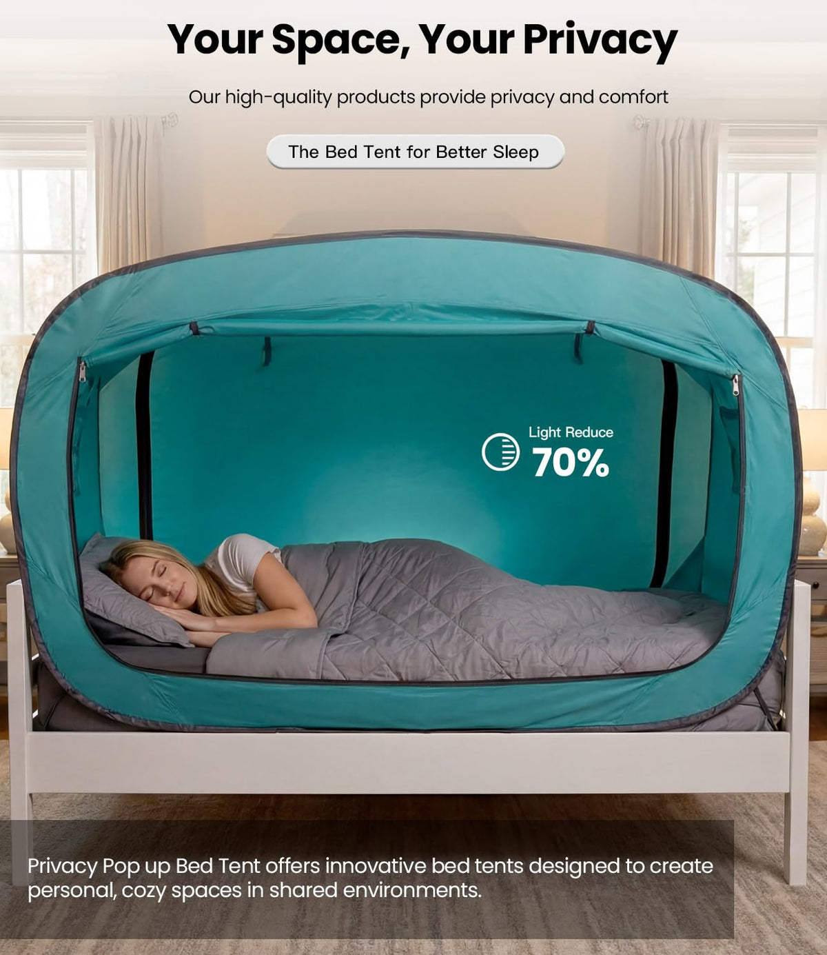 ANC POP Bed Tent Twin Bed Canopy Portable Dream Tent for Adult Indoor Sleeping Tents with 2 Doors Breathable Private Space Tents, Teal