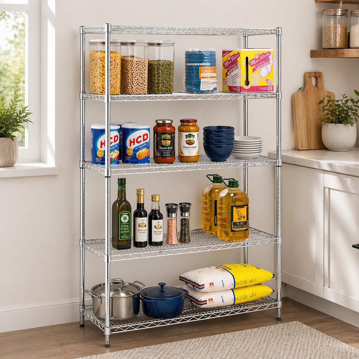 Honey-Can-Do 5-Tier Heavy-Duty Adjustable Shelves, Metal Storage Rack with 800-lb Shelf Capacity, Chrome, 18" W x 42" L x 72" H