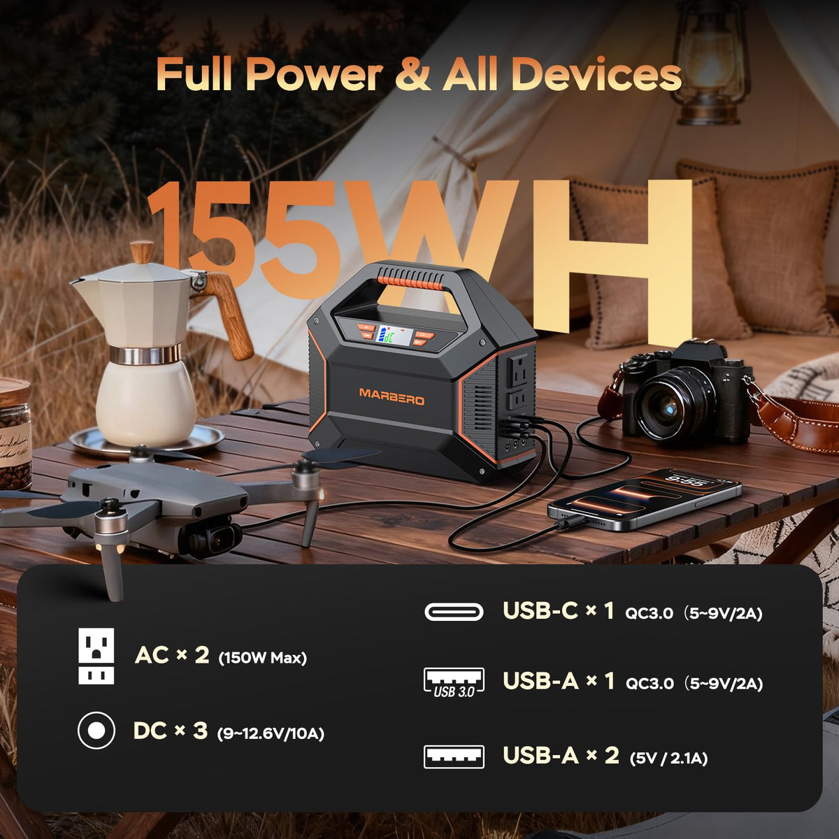 MARBERO Portable Power Station 155Wh Portable Charger 100W Power Station with 6 Outputs 2x 110V AC Outlet LED Flashlight for Home Blackout, Camping, RV Travel, Ultra-Light & Silent Fan UL Certified