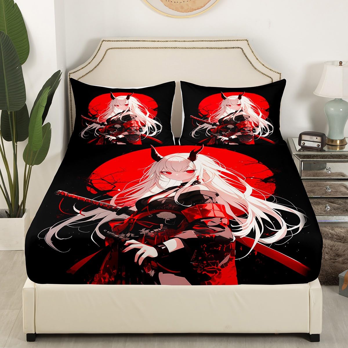 Erosebridal Full Japanese Anime Bedding Set for Kids, Anime Girl Bed Sheets Kawaii Japanese Style Fitted Sheet Cartoon Japan Animation Bed Set for Boys Teen Adult Women Bedroom,Red Black