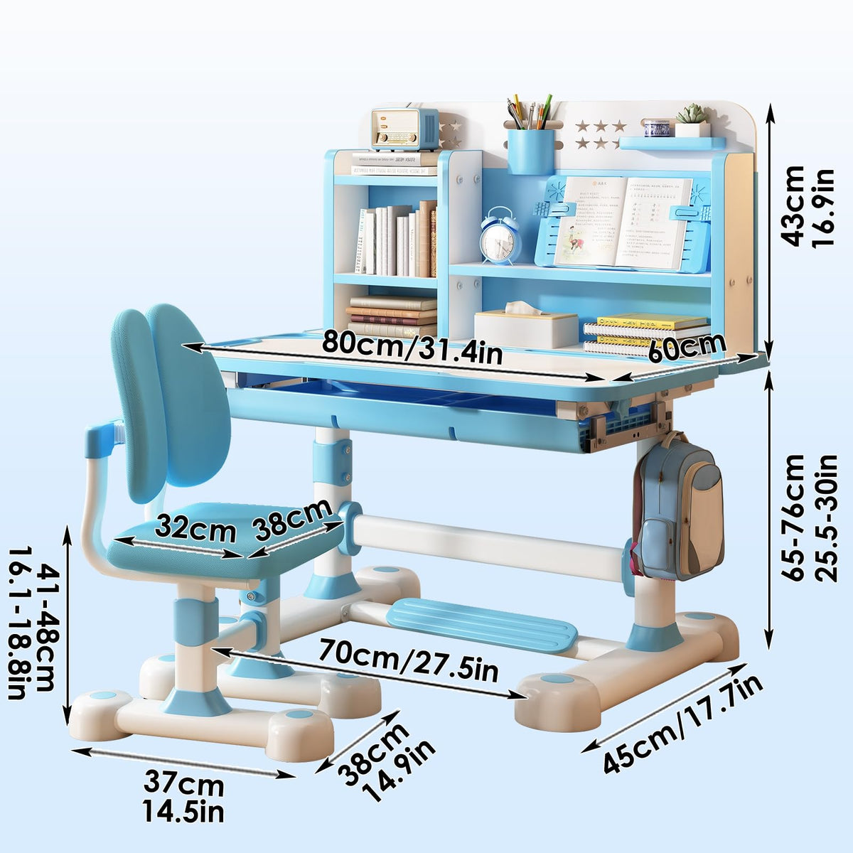 sexaoalx Height Adjustable Study Desk Chair Set for Kids, Children School Study Table Chair Set with Sitting Corrector, Ergonomic Desk Chair with Book Stand, Foot Pedal, Partition Design 2Pcs/Set (P