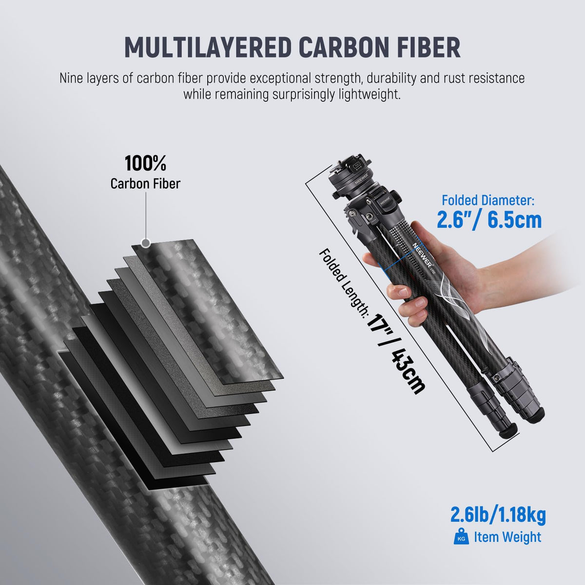NEEWER LITETRIP LT32 Camera Travel Tripod, Carbon Fiber Portable Stand, Ball Head Detachable Center Axis Flip Buckle Cleaning Cloth Arca QR Plate Compatible with PD (Former TP62)
