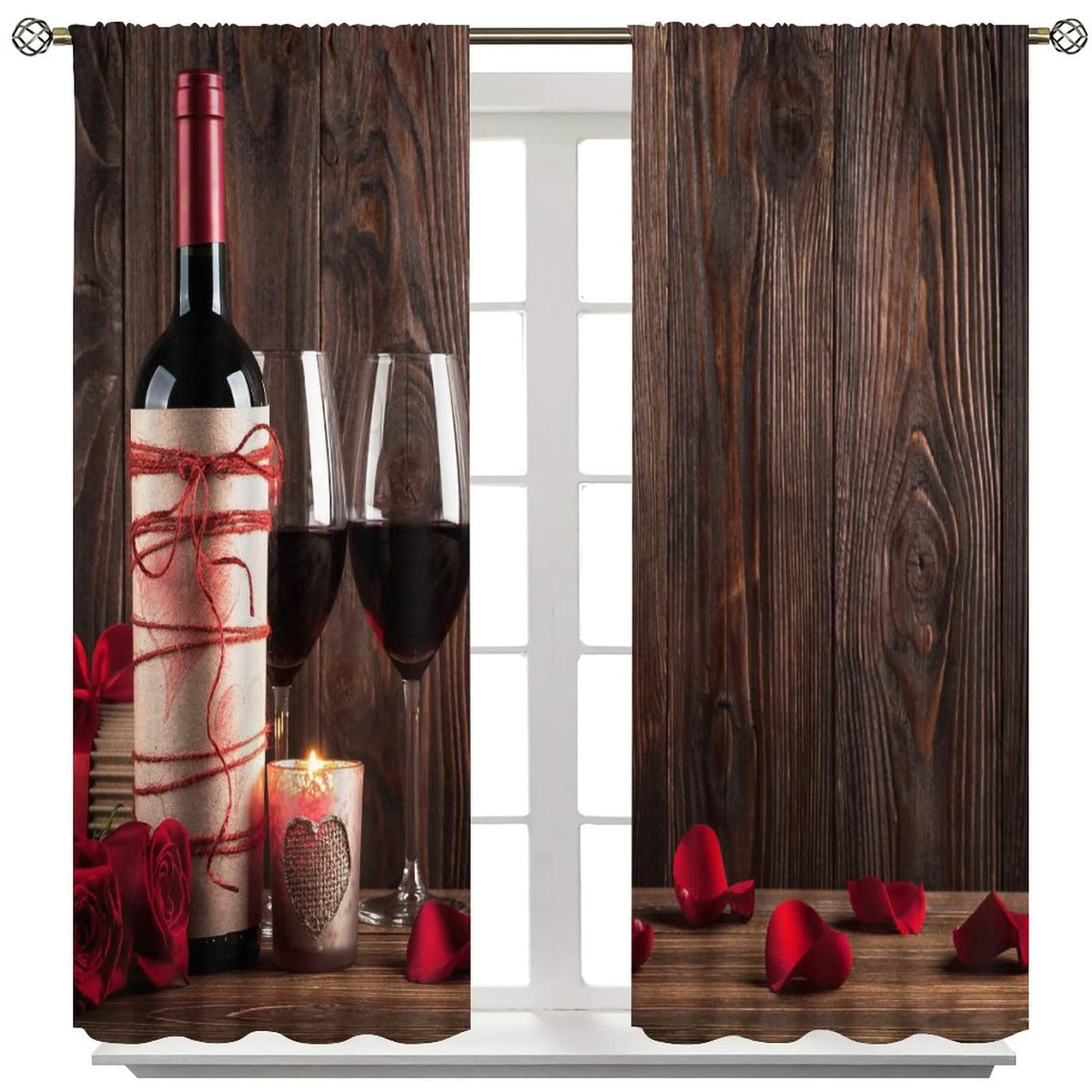 Red Rose and Wine Blackout Curtains, Red Wine Glass and Rose on Old Rustic Wood Window Drapes Rod Pocket Curtains, for Kitchen Living Room Bedroom 42x45in 2 Panels