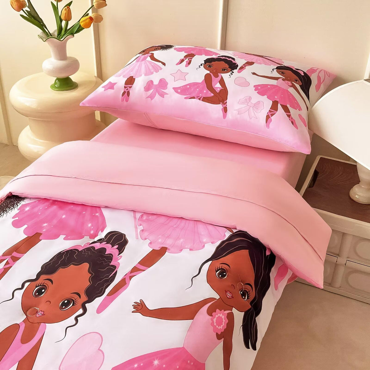 GRAT TIOC 4 Piece Toddler Bedding Set for Girls,Toddler Pink Ballerina Comforter Set,Dancer Princess Toddler Bed Comforter Set Includes Comforter, Flat Sheet,Fitted Sheet,Pillowcas