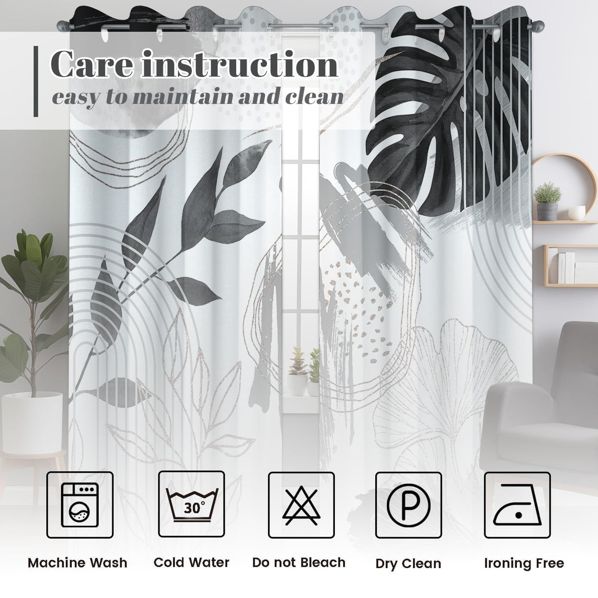 soeeao Boho Grey and White Leaf Blackout Curtains, Bohemian Mid Century Modern Black and Charcoal Gray Palm Window Drapes for Bedroom Living Room, 84 inch Length 2 Panels Set, 52x84 inch