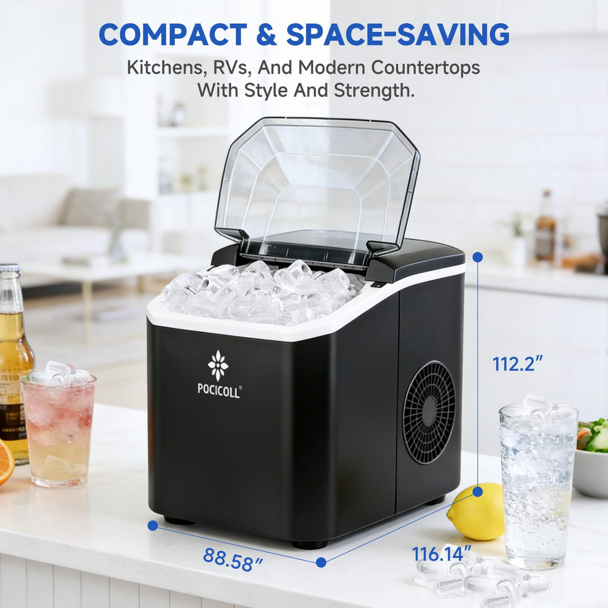 Pocicoll Countertop Ice Maker Machine, 26lbs in 24Hrs, 9 Ice Cubes Ready in 8 Mins, Auto-Cleaning Portable Ice Maker with Basket and Scoop, for Home/Kitchen/Camping/RV (Black)