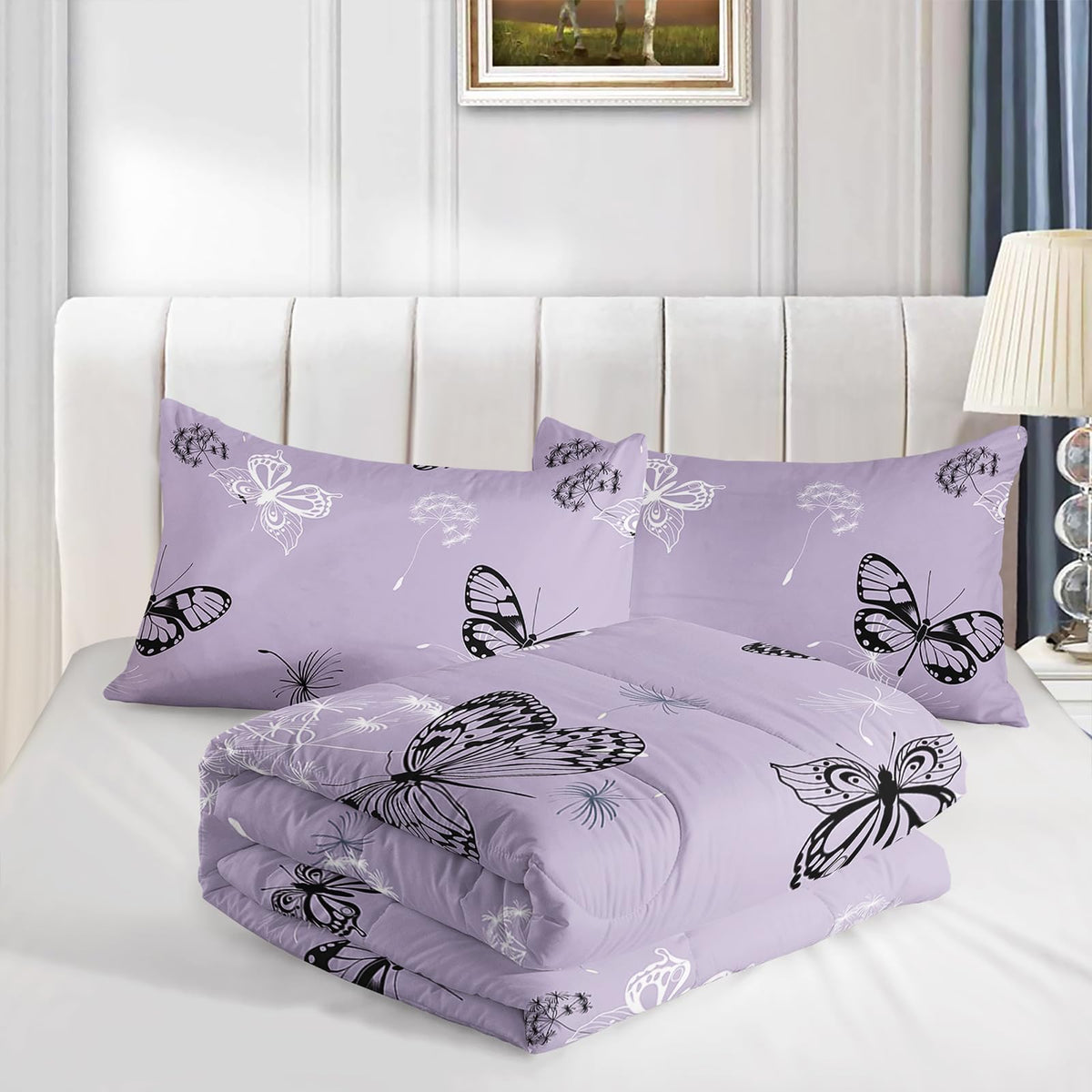 QOOMO 3Pcs Butterfly Comforter Set Twin,Purple Butterflies Bedding Set for Teens Boys Girls,Dandelion Butterflies Printed Comforter with 2 Pillowcases,Down Alternative,Soft and Lightweight