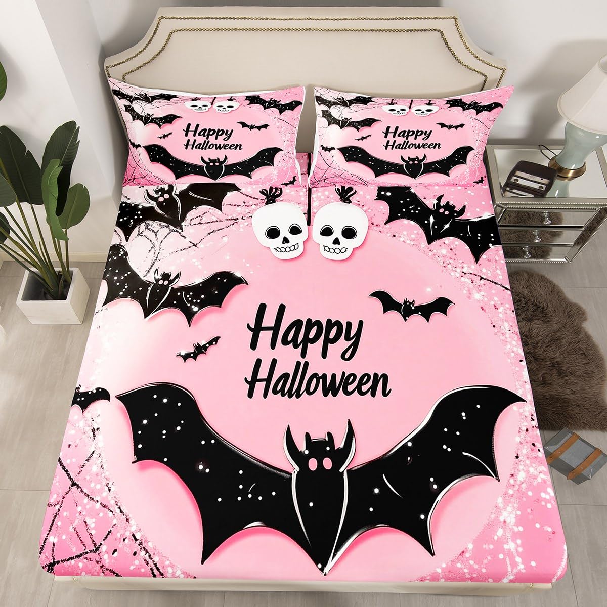 Feelyou Kids Happy Halloween Bed Sheets Set Full Size, Black Bat Bedding Set Boys Girls Pink Sheet Set Spider Web Teens Bedroom Decor Microfiber Soft Bed Set