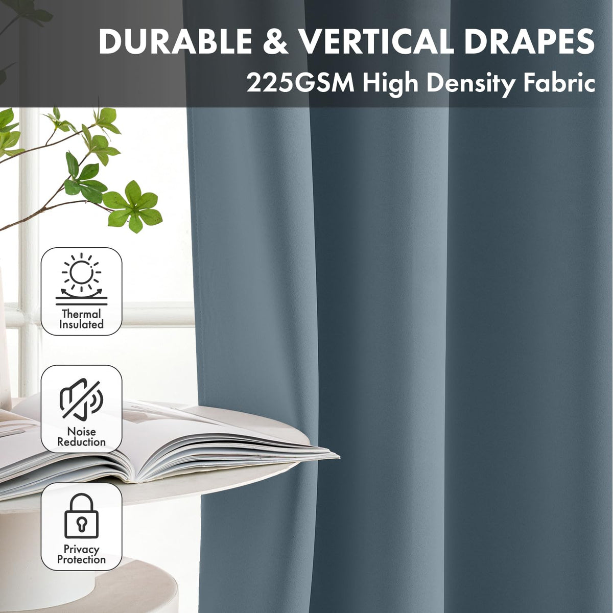 Woaboy Stone Blue Blackout Curtains for Bedroom Living Room 63 Inch Long 2 Panels, Solid Thermal Insulated Grommet Drapes, Room Darkening Sunlight Blocking Window Treatments, W40 x L63 Inch