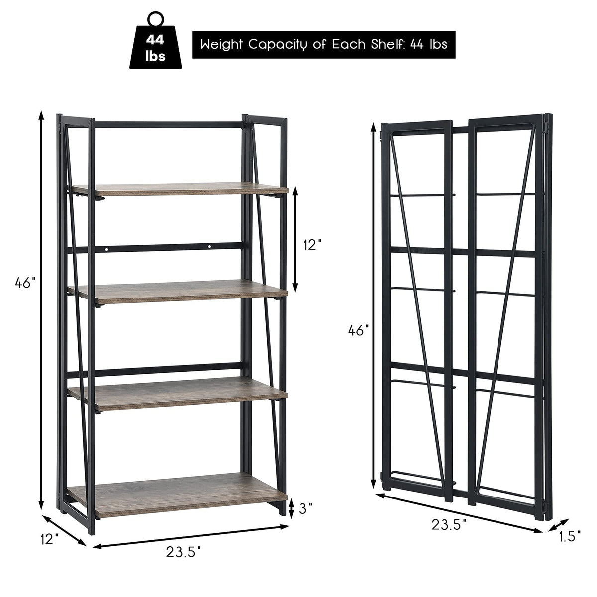 Giantex 4-Tier Bookshelf, No-Assembly Folding Industrial Storage Shelves w/Anti-Tipping Wall Bolt, Large Storage Space Display Rack and Freestanding Storage Organizer