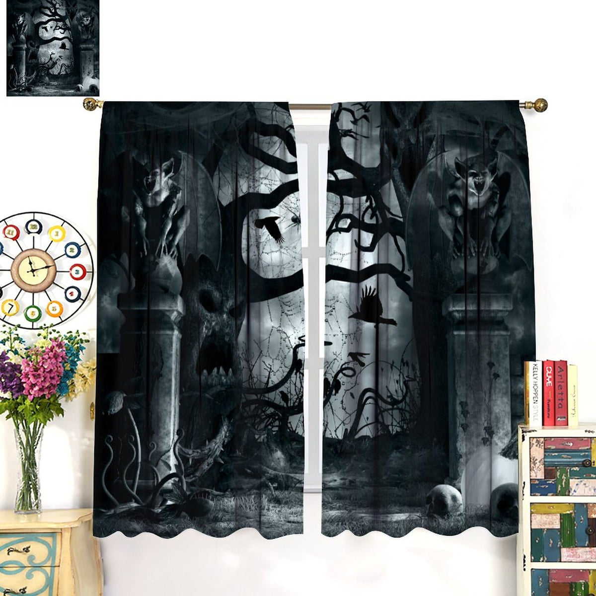 Gothic Curtains,Terror Themed Demon Skeleton Crow Dark Forest Window Treatments for Bedroom Living Room Kitchen Horror Halloween Window Drapes 2 Panel Set,Total Size 42 x 45 Inch