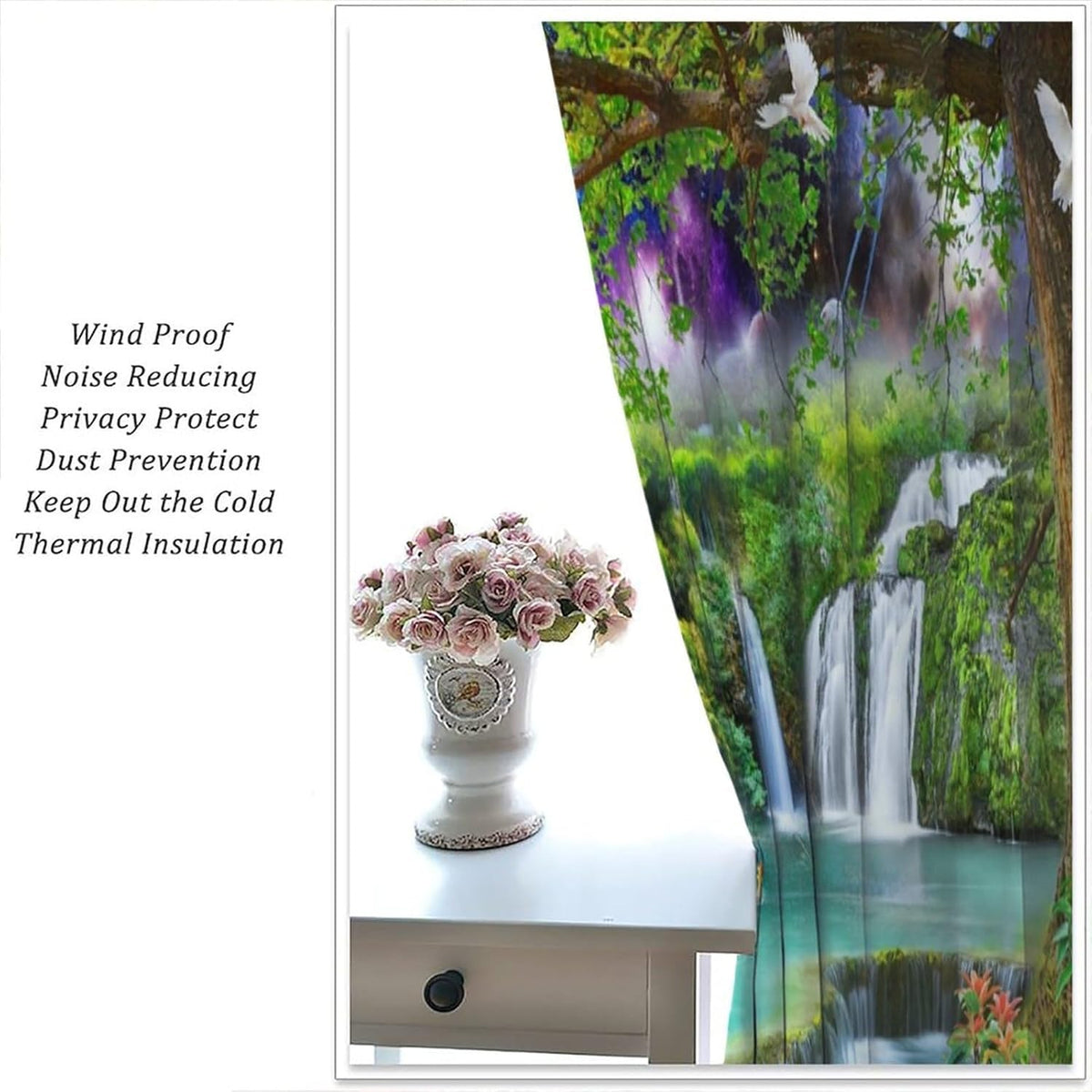 HZOHNAGO Waterfall Curtain Forest Lake Swans Deers Fishs Pigeons Fantastic Scenery Blackout Print Rod Pocket Window Drapes for Bedroom Living Room 42x45in