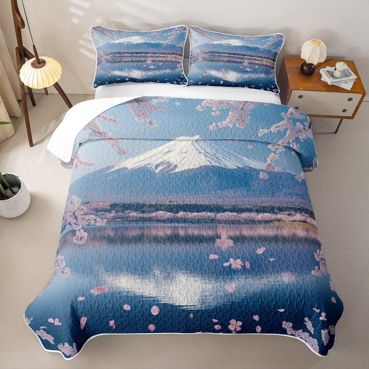 Erosebridal Cherry Blossoms Quilt Set Queen Mount Fuji Quilt Japanese Style Bedding Coverlet Pink Flowers Bedspread Bedroom Decor