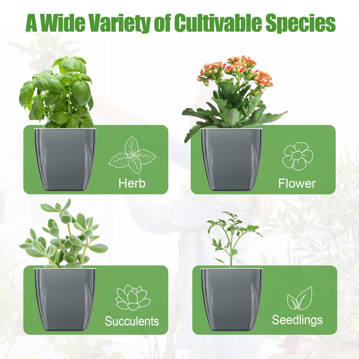 Oliz 4 Pack Self Watering Pots 4-inch Decorative Flower Planters for Indoor Plants Modern Square planters for Small Plants Window Sill Planters for Succulents, African Violets, Herbs(Sliver Black)
