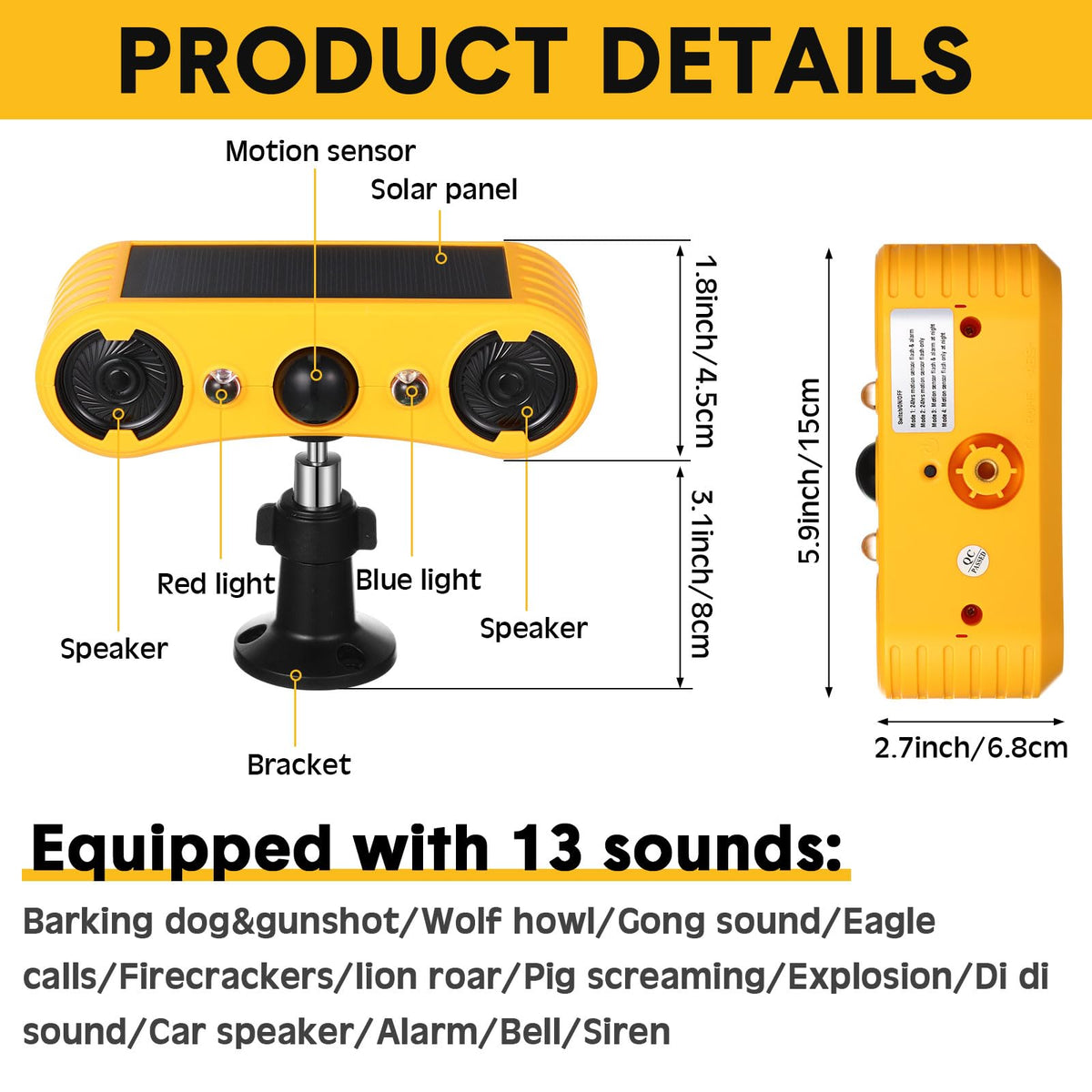Qualirey Solar Outdoor Motion Sensor Alarm 2 x 129dB Loud Noise Maker 13 Sound Detector Strobe Light, 4 Modes Animal Deterrent Dog Barking Alarm Mount on Ground or Fence for Garden Yard(6 Pack)