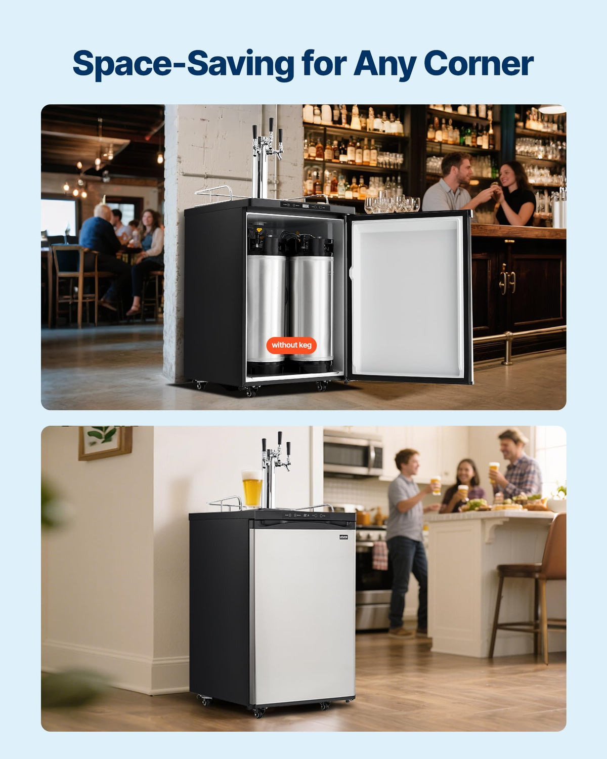 VEVOR Beer Kegerator, Triple Tap Commercial Draft Beer Dispenser for D system, Full Size Keg Refrigerator with 5lbs CO2 Tank, Hold 3 Sixth/2 Slim/3 Ball lock keg (3 taps - ball lock)