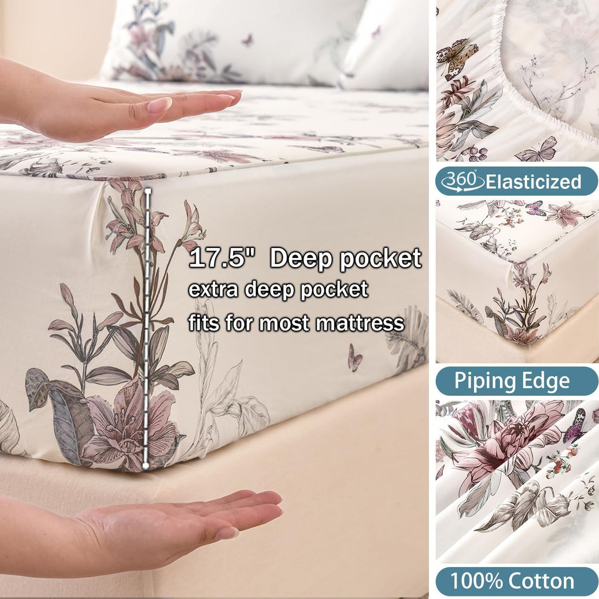 Huborise King Size Sheet Set Dusty Rose Floral Bed Sheets 100% Cotton 4Pcs, Light Pink Flower & Butterfly Printed Bed Set with Deep Pocket 17.5", Soft Breathable & Crisp, Luxury French Country Style