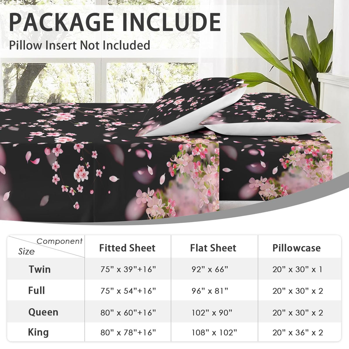 WeCozy Queen Size 4 Pcs Bed Fitted Sheet Set with 14" Deep Pocket, Blossom Cherry Flat Sheet Set for Kids and Adults, Pink Tree Flower Bedding with 2 Pillowcases for Bedroom Decor