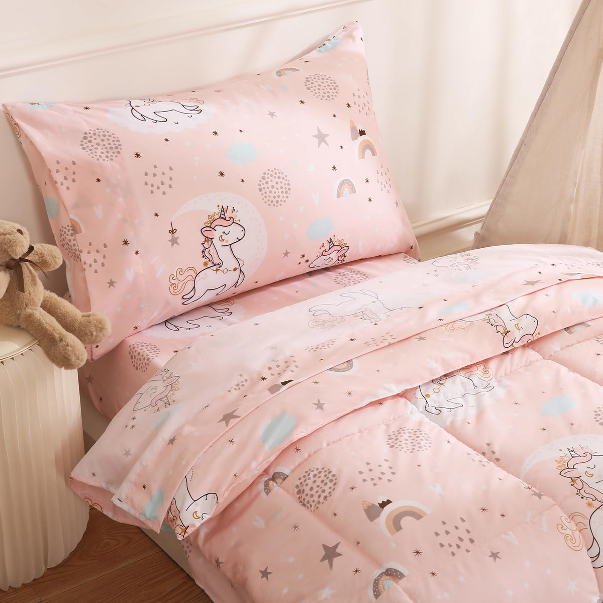 JSD Pink Unicorn Toddler Bedding Set, 4 Piece Bed-in-a-Bag Toddler Microfiber Comforter Sheet Set, Oeko-Tex Certified All Season Machine Washable