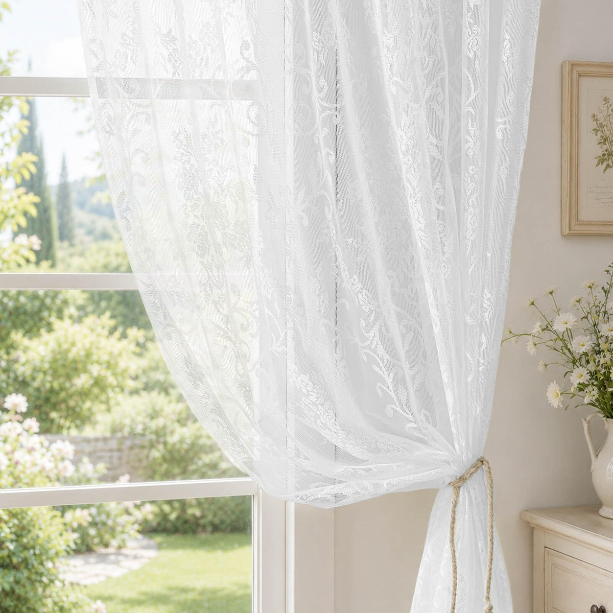 WUBODTI 84 Inch White Lace Curtains with Valances Attached 2 Panels, Floral Embroidered Semi Sheer Window Curtain Lace Tulle Rod Pocket Window Drapes with Valance for Living Room Bedroom Balcony