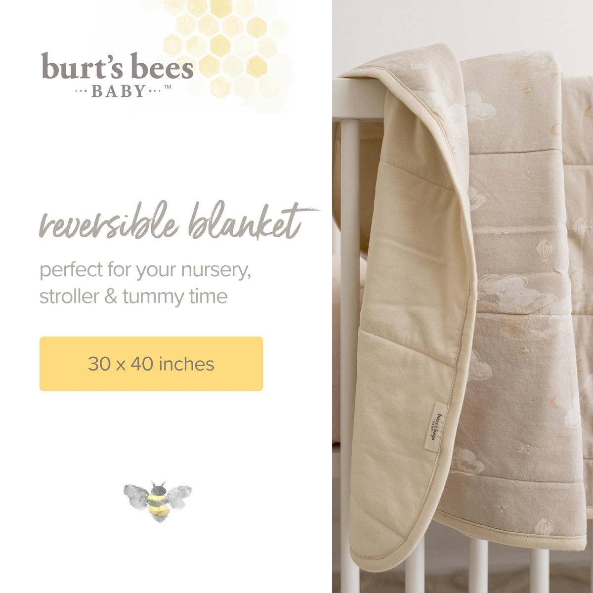 Burt's Bees Baby Infant Reversible Blanket, 100% Organic Cotton Nursery Blanket, Breathable Nursery Bedding, 30" W x 40" L