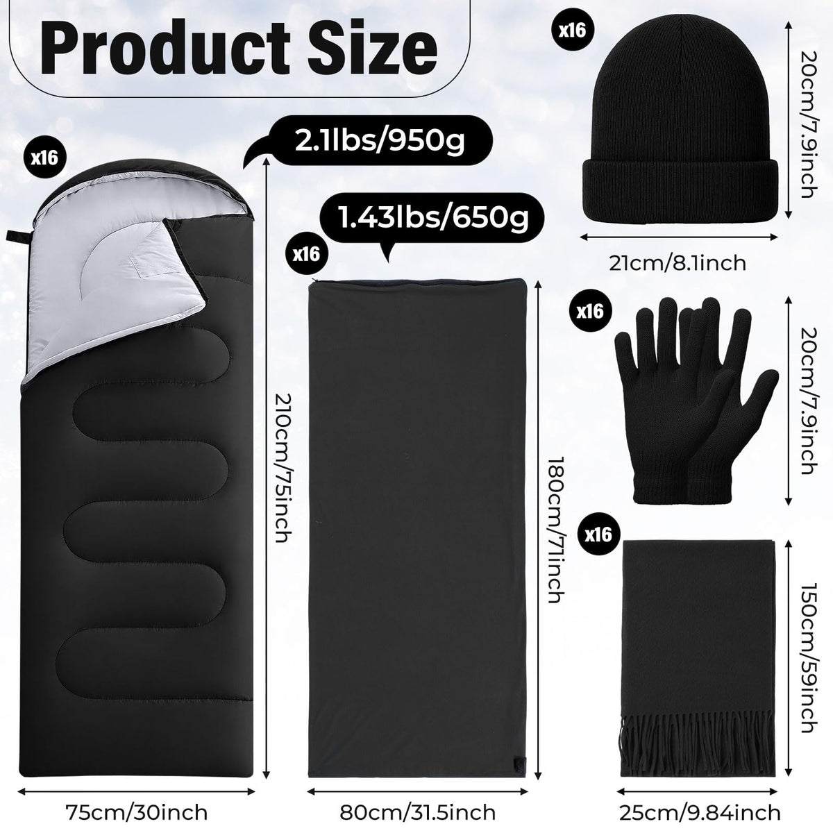 SmoothNovelty 80 Pcs Homeless Care Package Sleeping Bags Adult Bulk with Winter Beanies Hat Gloves Scarf Cotton Liner Waterproof Sleeping Bag for Camping Outdoor Church Donation Emergency(Black)