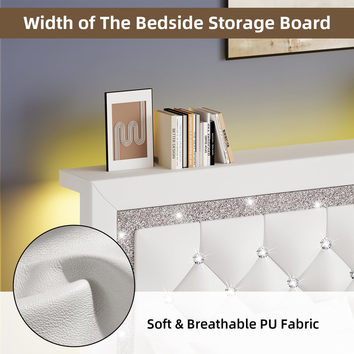 BarnFurin Full Size Bed Frame with Storage Headboard, Full Size Bed Frame with Headboard Diamond Tufted and LED Lights, Wooden Slats Support, Noise Free, No Box Spring Needed, Easy Assembly, White