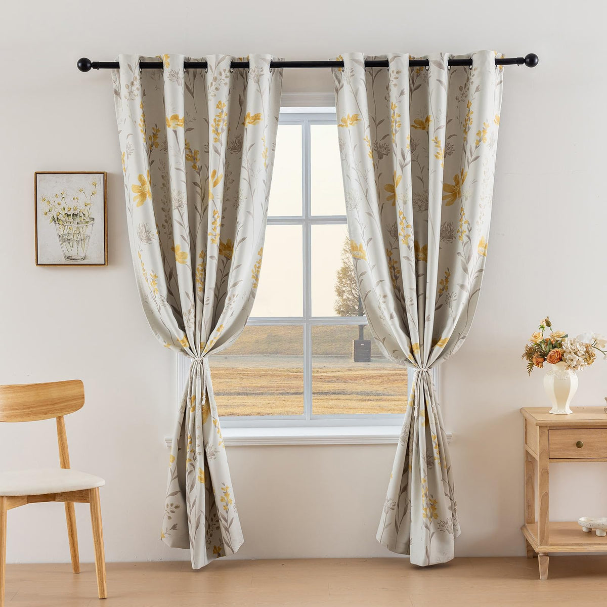 SUOUO Yellow Floral Blackout Curtains for Bedroom 96 inches Long Patterned Grey Leaf Thermal Insulated Window Drapes for Living Room 2 Panels