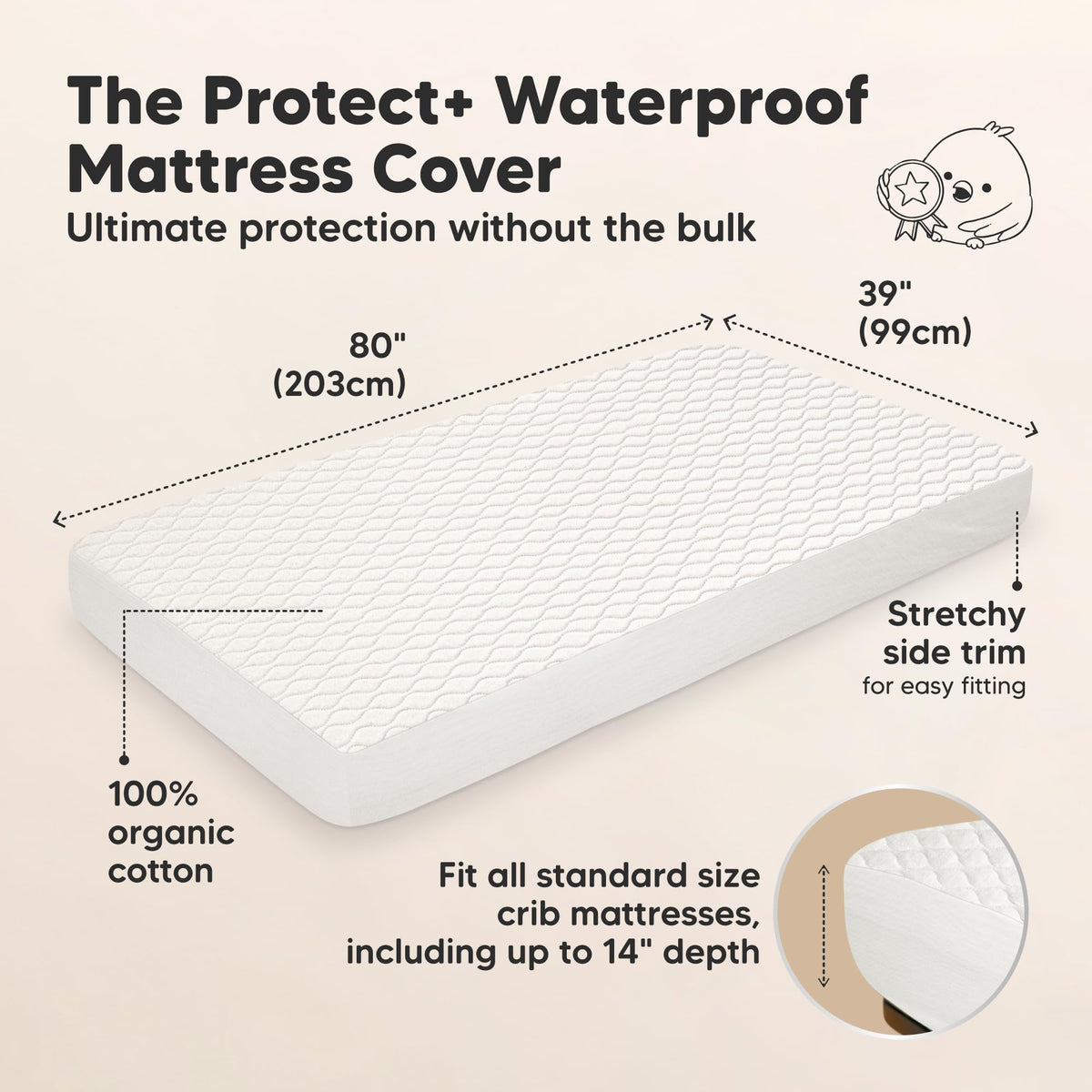 1-Pack Waterproof Twin XL Mattress Protector - Quiet Twin Size Toddler Mattress Protector Cover, 80"x39", Kids Toddler Bed Sheets, Soft Absorbent Quilted Cotton, Machine Washable (Soft White, Twin XL)