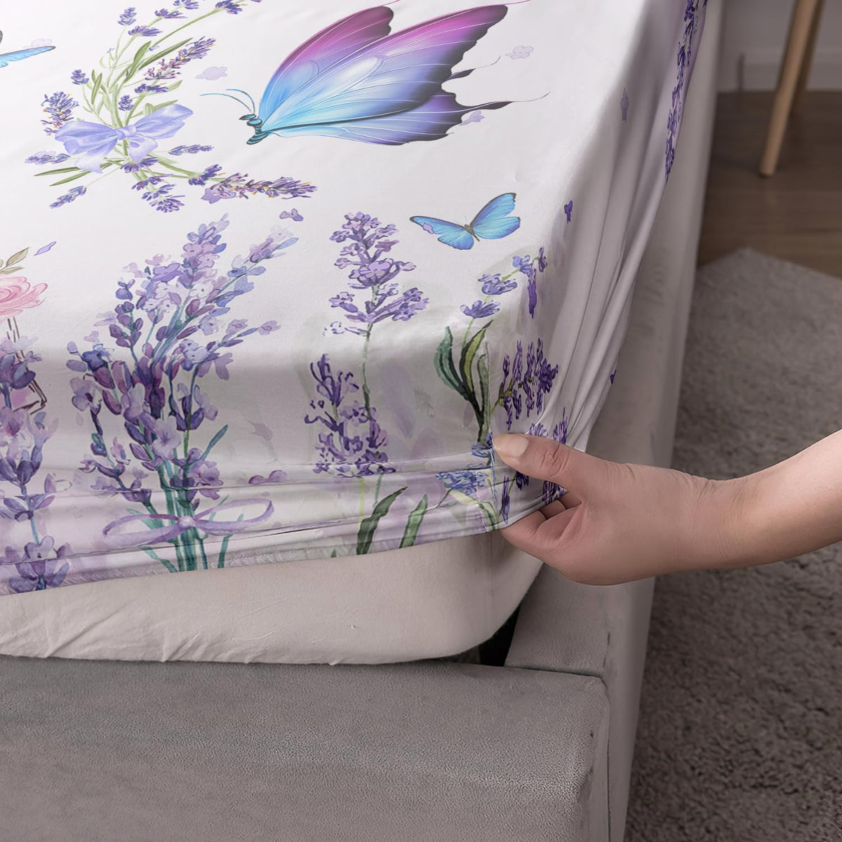 AILONEN Purple Butterfly Fitted Sheet Twin Size, Blossoming Lavender Floral Bedding Set- Flying Butterfly Bring Flowers Book Print Bed Sheet 3 Pieces Set, 1 Fitted Sheet and 2 Pillowcases