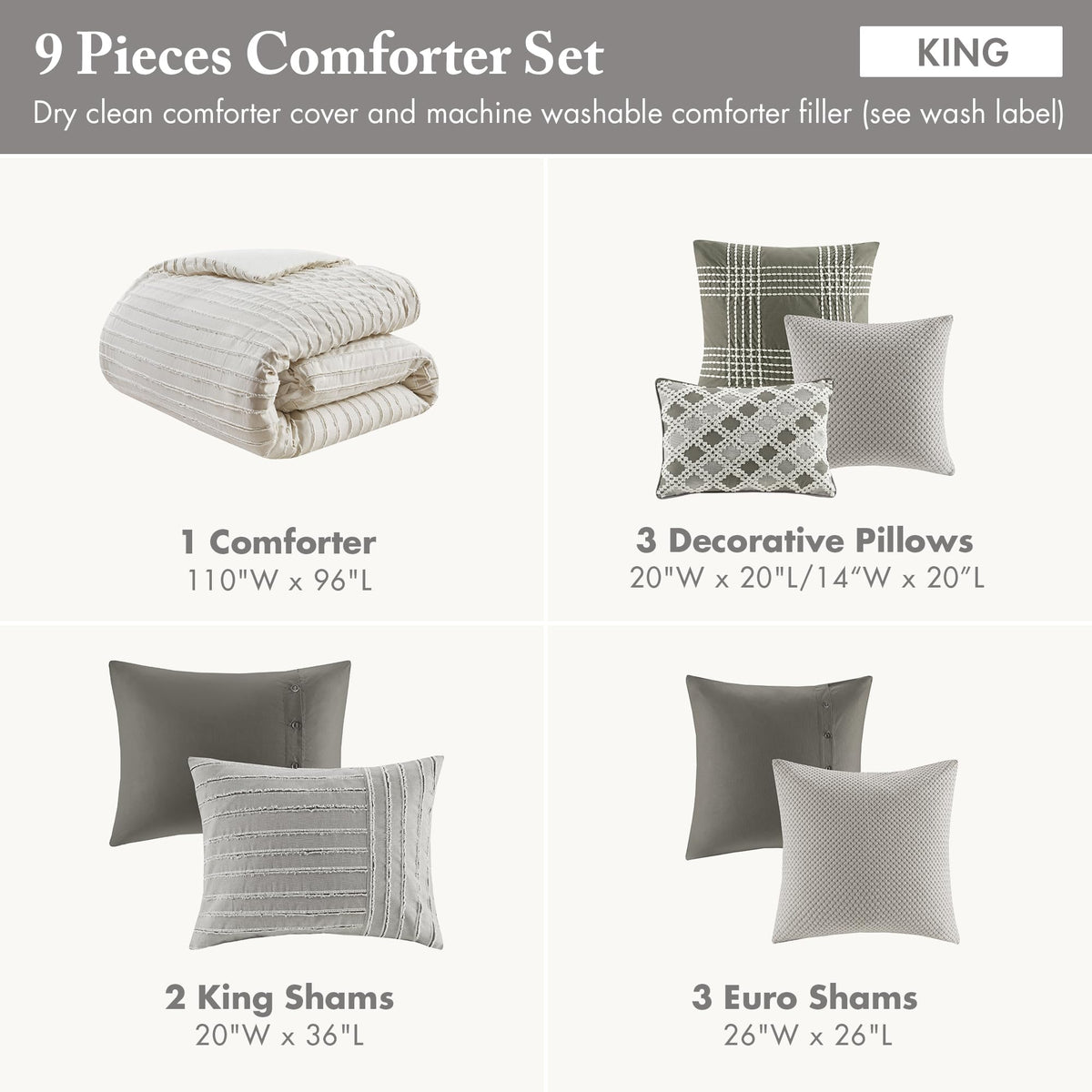 Madison Park King Comforter Set, Removable 100% Cotton Duvet Cover King Size with Insert, Farmhouse Bedding, Textured Stripe Clipped Jacquard Accent, King, Grey 9 Piece