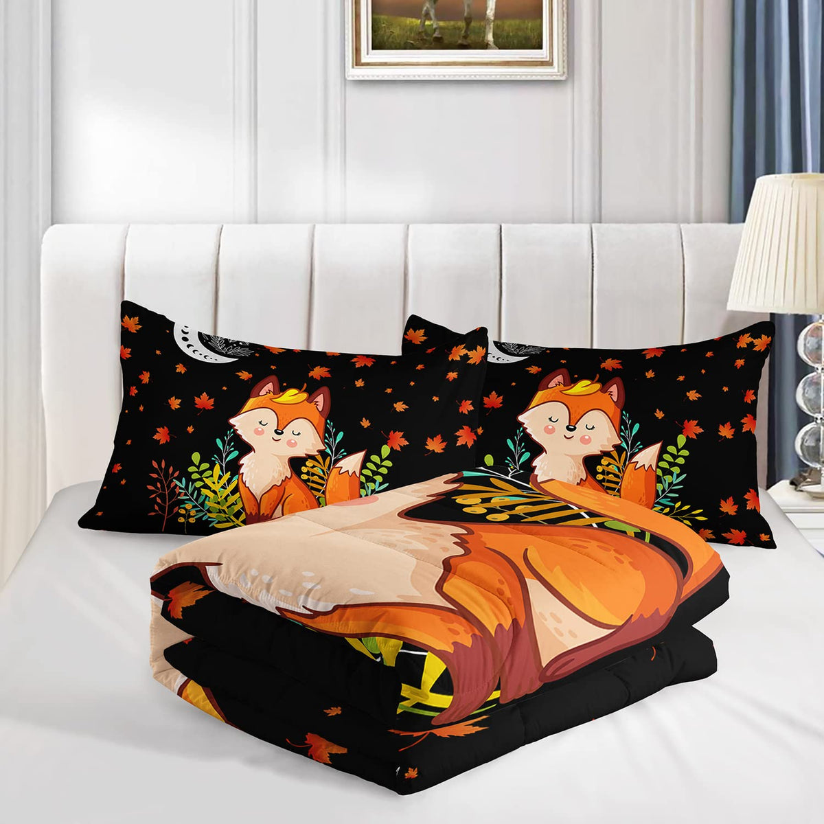 XYNHML Cartoon Fox Comforter Set 3-Pieces Cute Fox Bedding Set Moon Plants Leaves Printed Quilt Set for Kids Boys Girls with 2 Pillowcases Full