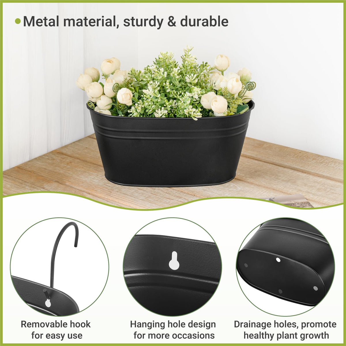 Dahey 3 Pcs Metal Hanging Flower Pots for Railing Fence 10.6 Inch Wall Planters for Indoor Plants Outdoor Countryside Window Flower Holder with Hooks Drainage Holes for Garden Yard Home Decor, Black